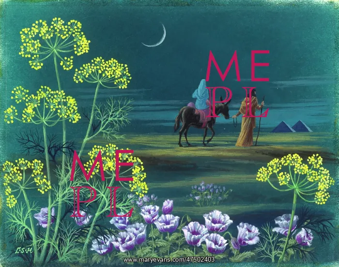 : Flight Into Egypt with flowers in foreground : Flight Into Egypt with flowers in foreground