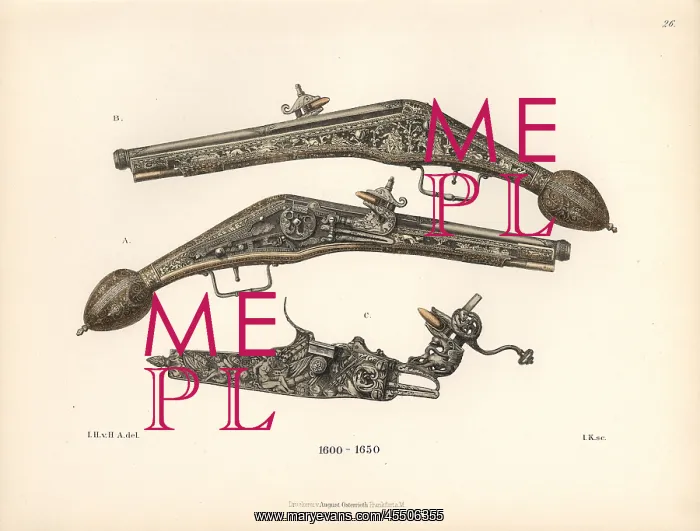 : Flintlock pistol with engraved stock and handle : Flintlock pistol with engraved stock and handle