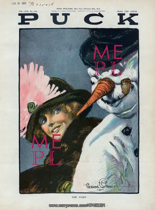 : The flirt. Illustration shows a snowman and a beautiful young woman flirting : The flirt. Illustration shows a snowman and a beautiful young woman flirting
