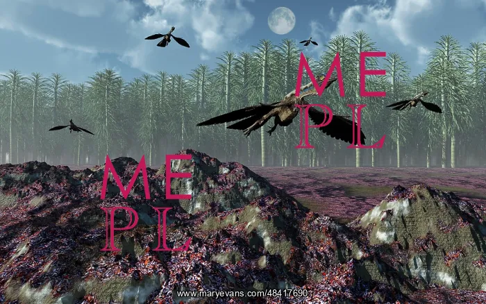 : A flock of Archaeopteryx flying above a Jurassic landscape : A flock of Archaeopteryx flying above a Jurassic landscape
