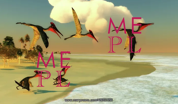 : A flock of Pterodactylus fly out to sea to search : A flock of Pterodactylus fly out to sea to search