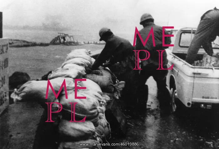 : Flood helpers during rain typhoon, Kochi, 1st September 1971 : Flood helpers during rain typhoon, Kochi, 1st September 1971