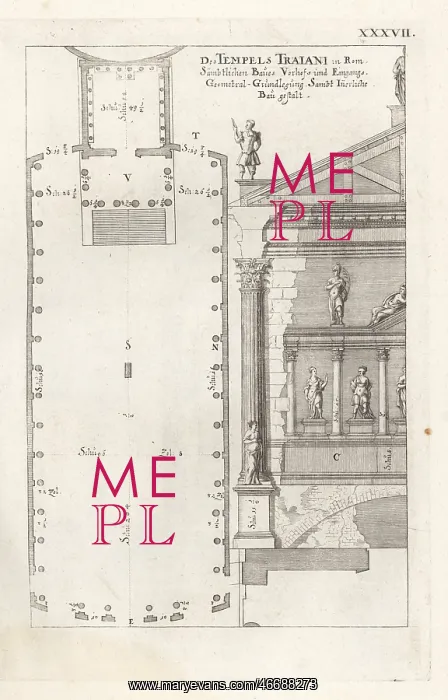  : Floor plan and interior of the Temple of Minerva, Rome