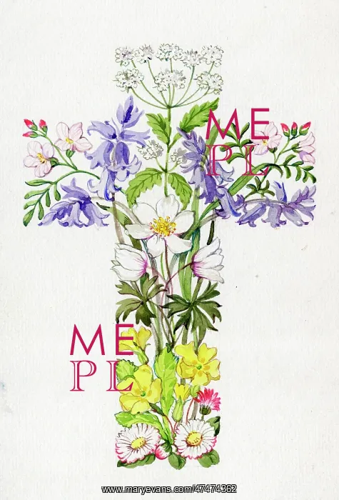 : Floral cross of windflowers, primroses, bluebells and daisie : Floral cross of windflowers, primroses, bluebells and daisie