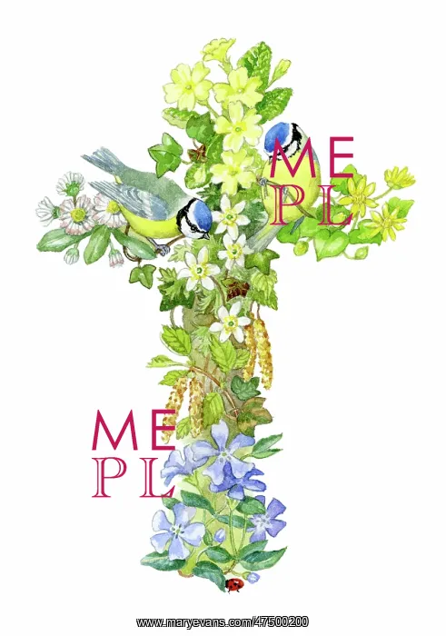 : Floral Easter cross with Bluetits : Floral Easter cross with Bluetits