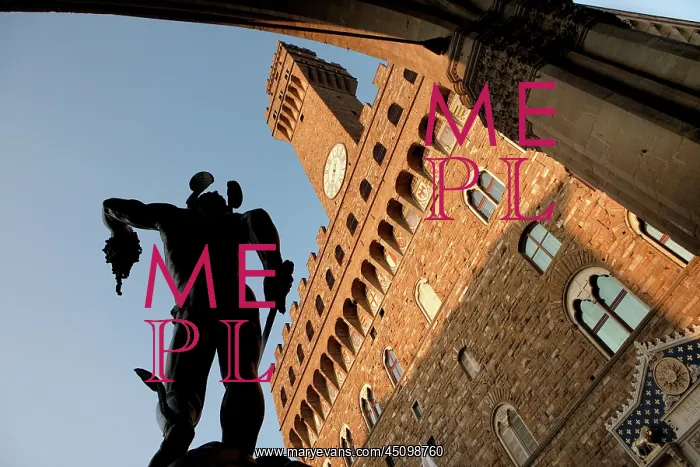 : Florence. Low angle view from behind of statue of Perseus holding the Head of Medusa : Florence. Low angle view from behind of statue of Perseus holding the Head of Medusa