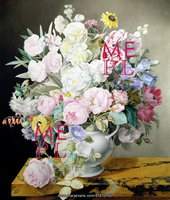 : Flowerpiece in white jug on marble table : Flowerpiece in white jug on marble table
