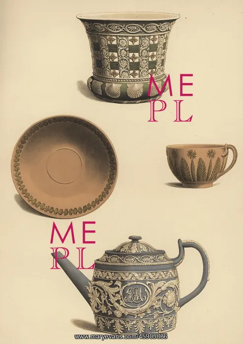 : Flowerpot, teapot, cup and saucer : Flowerpot, teapot, cup and saucer