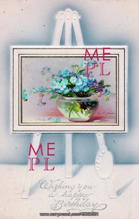 : Flowers in a vase on an easel on a birthday postcard : Flowers in a vase on an easel on a birthday postcard