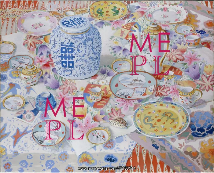 : Flowery Still Life ' oriental plates, cups etc : Flowery Still Life ' oriental plates, cups etc
