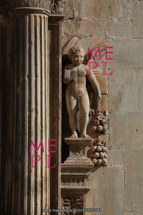 : Fluted column flanked by a cherub holding a book : Fluted column flanked by a cherub holding a book