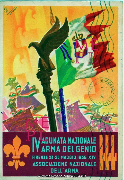 : A fluttering flag & eagle emblem mark an Italian Army rally : A fluttering flag & eagle emblem mark an Italian Army rally