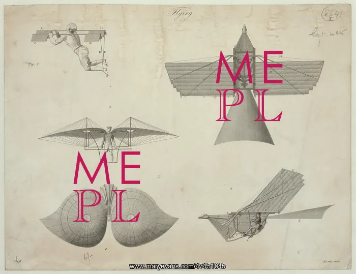 : Flying. Technical illustration shows Besnier's 1678 design for a flying machine using arm : Flying. Technical illustration shows Besnier's 1678 design for a flying machine using arm
