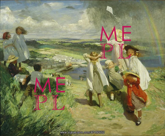 : Flying the Kite – children on hillside : Flying the Kite – children on hillside