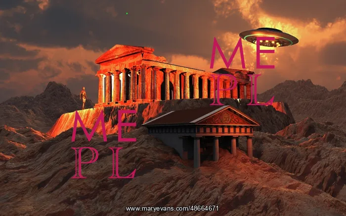 : A flying saucer flying above an ancient temple complex : A flying saucer flying above an ancient temple complex