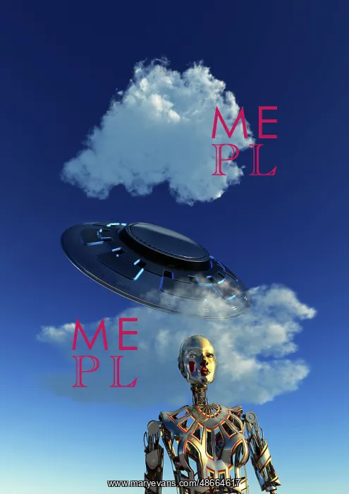: A flying saucer flying above one of its android crew members : A flying saucer flying above one of its android crew members