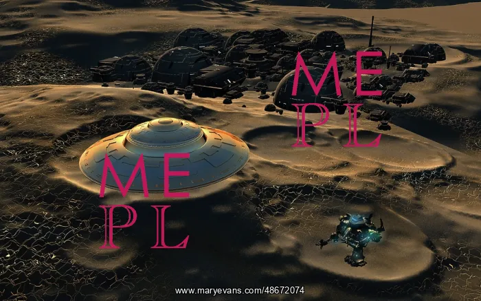 : A flying saucer flying over a colony on the surface : A flying saucer flying over a colony on the surface