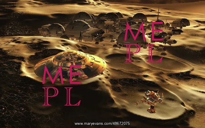 : A flying saucer flying over a colony on the surface : A flying saucer flying over a colony on the surface