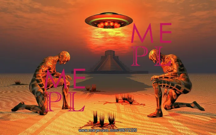 : A flying saucer being greeted by evolved transhumans : A flying saucer being greeted by evolved transhumans