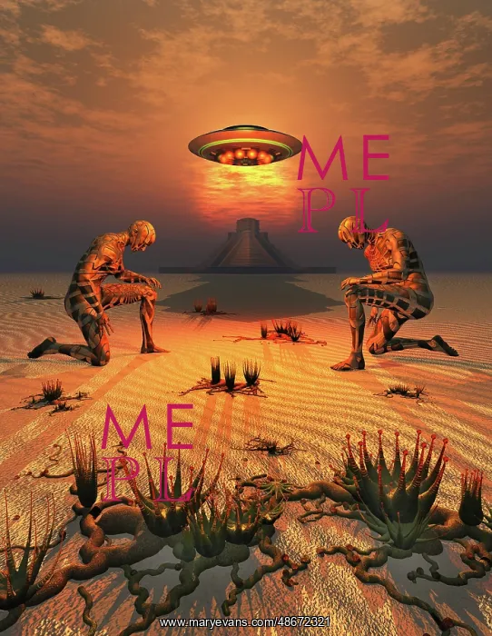 : A flying saucer being greeted by evolved transhumans : A flying saucer being greeted by evolved transhumans