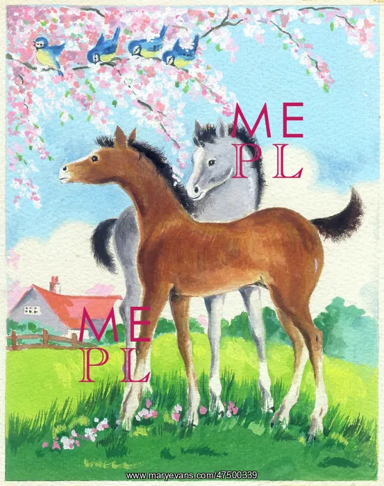 : Two foals under tree with blue tits : Two foals under tree with blue tits