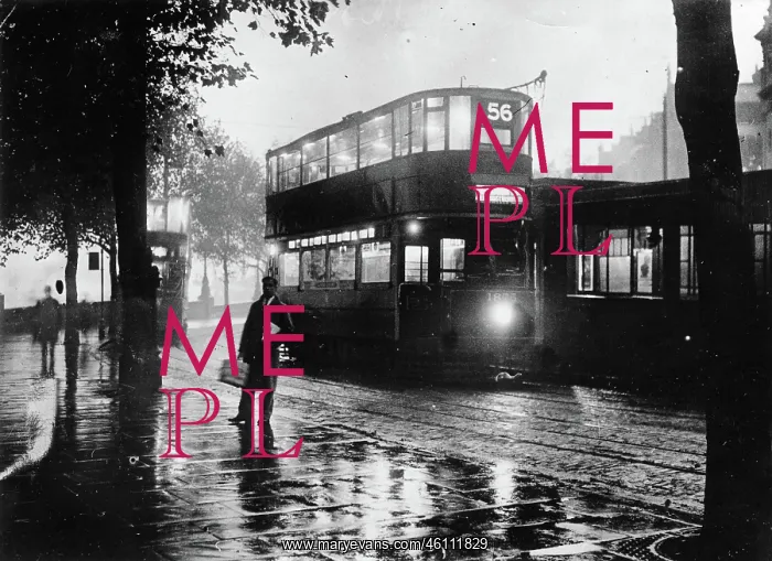 : Fog in London. Illuminated Tram at : Fog in London. Illuminated Tram at