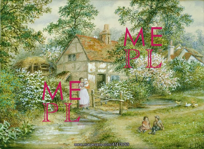 : Footbridge by a Cottage in Spring : Footbridge by a Cottage in Spring