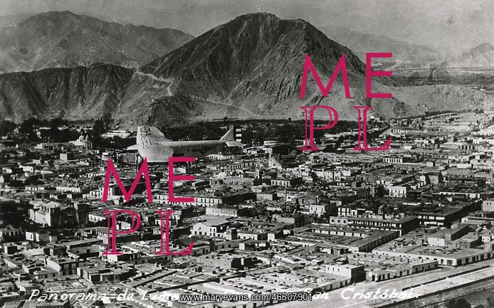 : A Ford Panagra plane flies over Lima, Peru : A Ford Panagra plane flies over Lima, Peru
