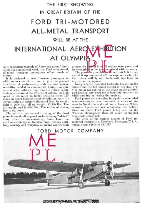 : Ford Trimotor Monoplane 1929 Advert : Ford Trimotor Monoplane 1929 Advert