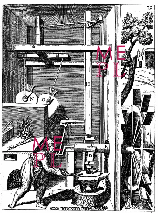 : Forge showing bellows and hammer powered by an : Forge showing bellows and hammer powered by an