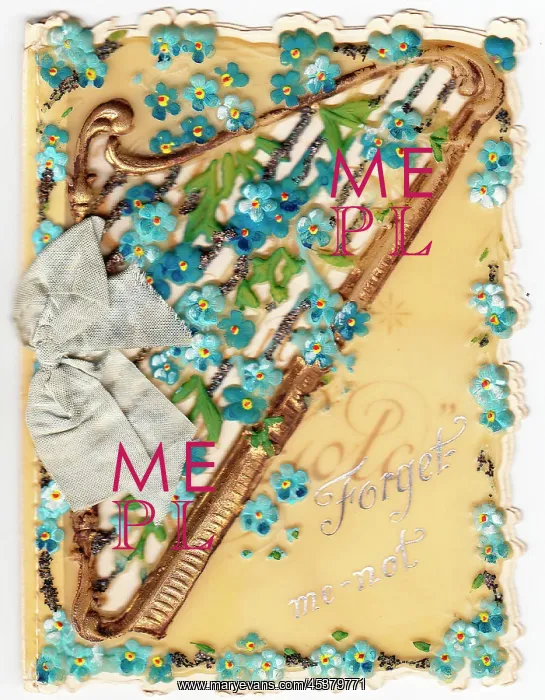 : Forgetmenots and harp on a greetings card : Forgetmenots and harp on a greetings card