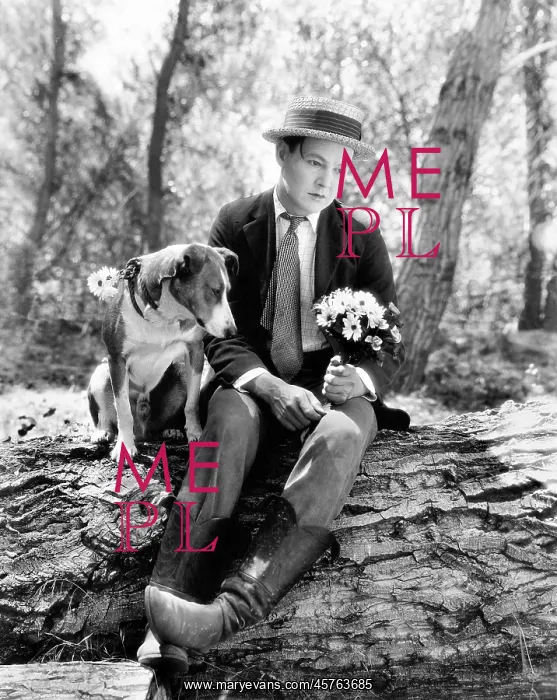 : Forlorn young man sitting on a tree trunk with his dog : Forlorn young man sitting on a tree trunk with his dog