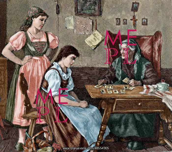 : At fortune teller's house. Engraving. Colored : At fortune teller's house. Engraving. Colored