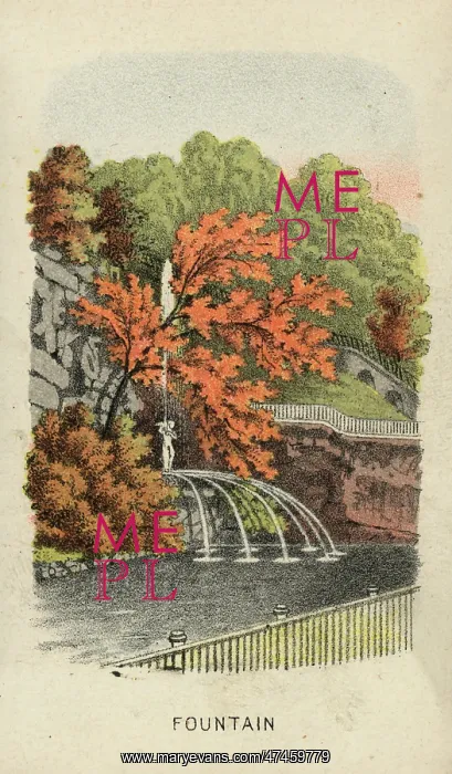 : Fountain. Print shows a view of a fountain at the base of a rocky precipice : Fountain. Print shows a view of a fountain at the base of a rocky precipice