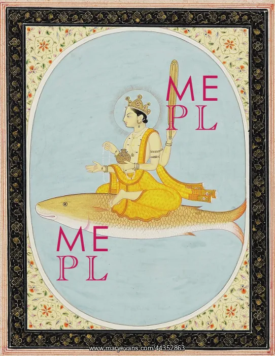 : A four-armed deity seated astride a fish : A four-armed deity seated astride a fish