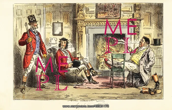: Fox hunters relaxing before a fire in a grand mansion : Fox hunters relaxing before a fire in a grand mansion