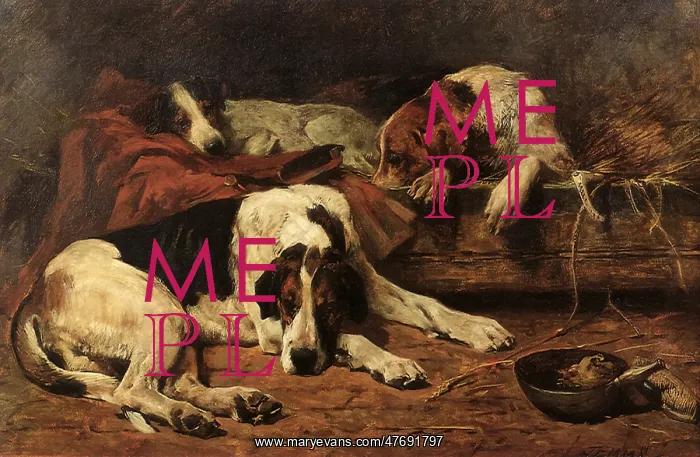  : Two Foxhounds and a Fox Terrier on a Kennel