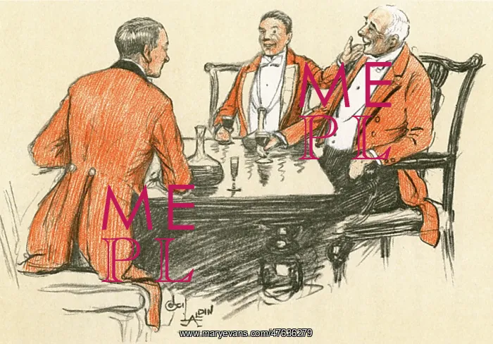 : Three foxhunting men enjoying a drink : Three foxhunting men enjoying a drink