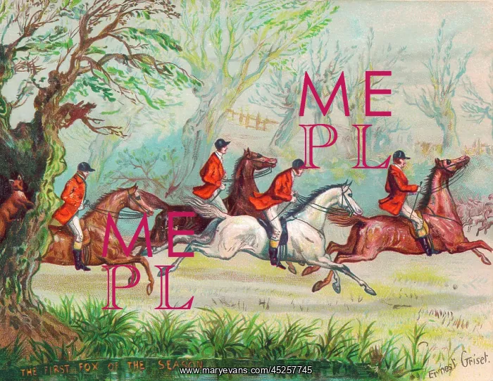 : Foxhunting scene on a greetings card : Foxhunting scene on a greetings card