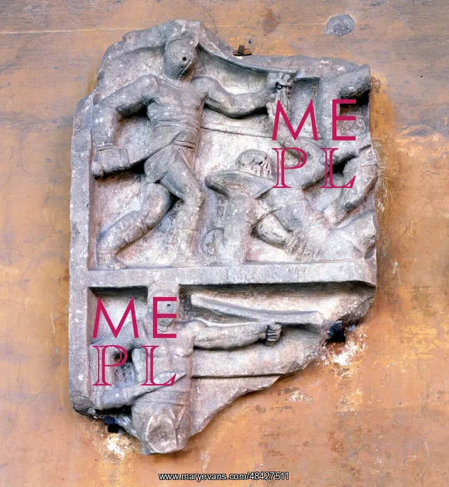 : Fragment of relief showing gladiators fighting : Fragment of relief showing gladiators fighting