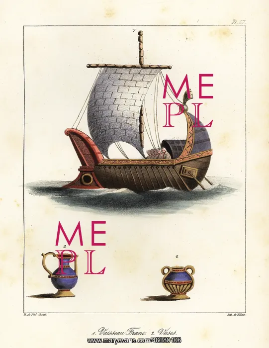 : Frankish ship with naval ram, mast with sail and : Frankish ship with naval ram, mast with sail and