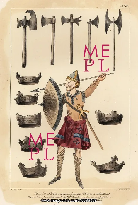 : Frankish warrior, axes, franciscas, and crowns : Frankish warrior, axes, franciscas, and crowns