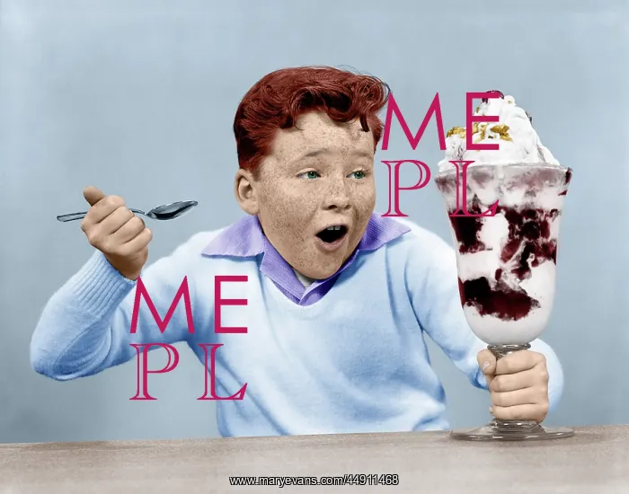 : Freckle Face Boy Digging into Giant Ice Cream Sundae : Freckle Face Boy Digging into Giant Ice Cream Sundae