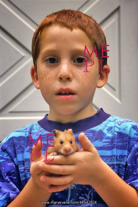 : Freckle-Faced Boy Holding Pet Hamster in his Hands : Freckle-Faced Boy Holding Pet Hamster in his Hands