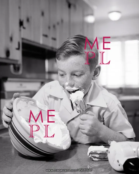  : Freckled Boy in Kitchen licks clean the Whipping Cream Icing