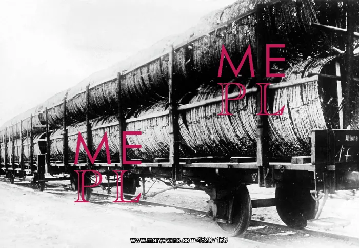 : Freight train with coils of barbed wire for the Western Fron : Freight train with coils of barbed wire for the Western Fron