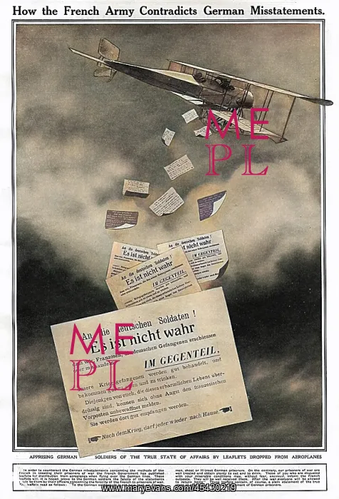 : French biplane dropping propaganda leaflets, WWI : French biplane dropping propaganda leaflets, WWI