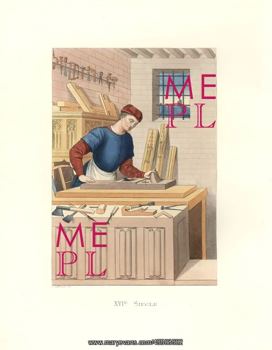 : French carpenter working with tools, 16th century : French carpenter working with tools, 16th century