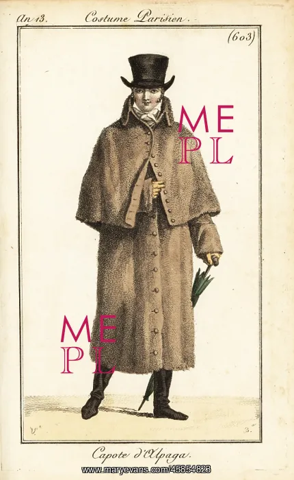 : French dandy in alpaca fleece carrick coat, Paris, 1804 : French dandy in alpaca fleece carrick coat, Paris, 1804