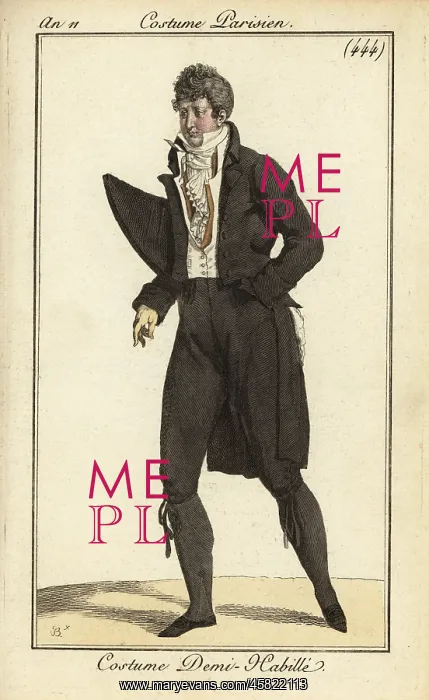 : French dandy in black semi-formal costume, Paris, 1803 : French dandy in black semi-formal costume, Paris, 1803
